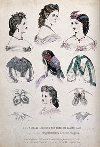 The heads and shoulders of five women wearing their hair dressed with flowers, butterflies, feathers, jewellery and a hat; two bodices with embroidery and four collars. Coloured line block, 1863, by Thiery .