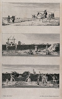 Egypt: Bedouins exercising on horseback; women collecting water from the well which they are carrying in flagons on their heads; men collecting water from a well. Engraving by L. Garreau, 1802, after M. Rigo.