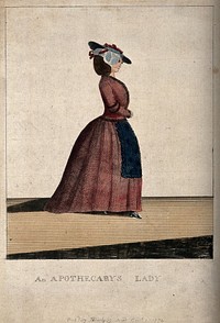A fashionably dressed apothecary's wife. Coloured etching by M. Darly, 1774.