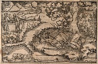 Job lies on a pile of dung dressed in a loincloth and covered in boils, his wife goes to fetch a bucket of water. Woodcut.