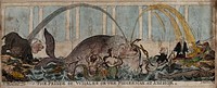 A whale with the head of the Prince Regent spouts two streams inscribed "The liquor of oblivion" and "The dew of favour", referring to his desertion of the Whigs and to favours bestowed on the Tories. Coloured etching by G. Cruikshank, 1812.