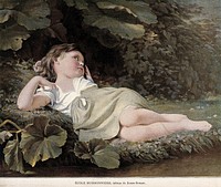 A girl playing truant from school lies on the bank of a stream. Colour process print after F. Zuber-Buhler.