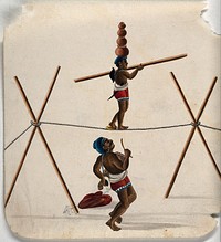 An acrobat walking a tightrope with four mud pots on his head while a musician looks on. Gouache painting by an Indian painter.