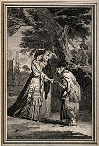 Two women having their palms read by fortune-teller, a man signalling from behind a tree. Etching.