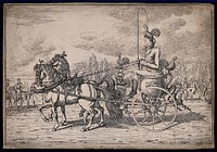 Robert Coates riding on a large cauldren pulled by two horses with a chicken on his head. Etching by C. Williams, 1812.