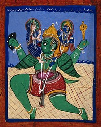 Garuda carrying Vishnu and Lakshmi. Gouache drawing.