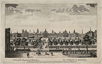 The Hospital of Bethlem [Bedlam] at Moorfields, London: seen from the north, with people in the foreground. Engraving, c. 1764.