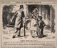 A health inspector dismayed to discover that a mother thinks her child has been vaccinated because he has been butted by a cow. Wood engraving by C. Keane, 1877.