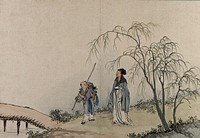 A Chinese sage, in conversation with a traveller on the road. Gouache by a Chinese artist, ca. 1850.