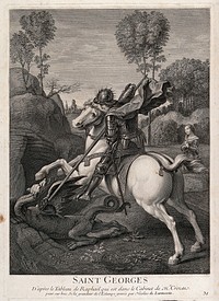 Saint George: he pierces the dragon with his lance. Engraving by N. de Larmessin, 1729, after Raphael.