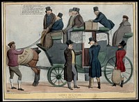 Lord Stanley holds open the door of a coach to Sir Francis Burdett with Sir Robert Peel as the driver. Coloured lithograph by H.B. (John Doyle), 1837.