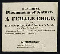 Wonderful phenomena of nature : a female child, (a twin,) 11 years of age, 4 feet 2 inches in height, and weighs one hundred pounds ...