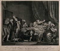 A father has died and is mourned by his wife and children, as his eldest son returns from the wars, distraught by his arrival too late to see his father alive. Engraving by R. Gaillard, 1781, after J.B. Greuze.