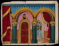 Scenery to be used in a toy theatre: a room in a palace. Coloured lithograph.