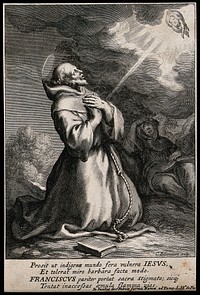 Saint Francis of Assisi receiving the stigmata of Christ from the seraph. Engraving by C. Bloemaert, 16--.