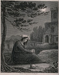 A bereaved mother mourning her dead daughter in a graveyard, stricken with remorse for having treated her harshly in her lifetime. Engraving by R.L. Wright.