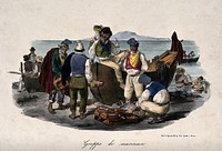 Fisherman are on the sea shore with the boat from which they have unloaded their catch and they are selling the fish to other traders. Colour lithograph by Gatti and Dura.