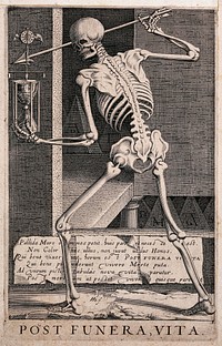 Death stands armed with spear and hourglass. Etching by H.H. (Hendrik Hondius I).