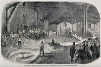 Clocks: casting a bell for the clock of the New Palace of Westminster. Wood engraving.