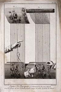 Textiles: a loom with disembodied hands weaving, the design pinned to the top beam. Engraving by R. Benard after Radel.
