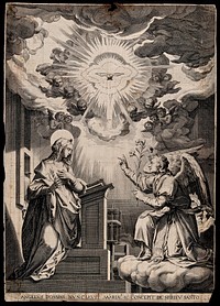 The Annunciation to the Virgin, who stands before a lectern. Engraving after F. Zuccaro.