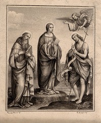 Saint Jerome, Mary the Blessed Virgin, Saint John the Baptist and an angel with a lily. Drawing by F. Rosaspina, c. 1830, after F. Francia.