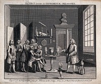 Natural and experimental philosophy: gentlemen attending to a lecture. Engraving, 1748.