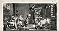 An abattoir: animals are being killed and the carcasses hung up from beams. Engraving by A.J. Defehrt.