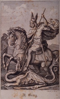 Saint George on horseback wearing a winged helmet, is about to kill the dragon with his lance. Line engraving by J. Leudner, 1842 .