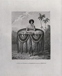 A young woman in Tahiti, wearing a large skirt. Engraving by F. Bartolozzi, 1784, after J. Webber.