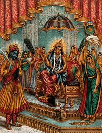 Krishna humbly standing before an enthroned Radha. Chromolithograph.
