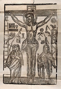 The crucifixion of Christ, with Mary and John the Evangelist, and vignettes relating to the Passion. Woodcut.