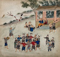 Aboriginal peoples of Formosa engaged in a tribal dance. Painting by a Taiwanese artist from around 1850.