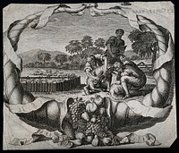 An allegory of plenty: a scene of sheep-shearing with a cornucopious border. Engraving.