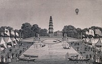 St. James's Park: people boating on the lake which has marquees with flags flying on its banks, a hot-air balloon flies overhead. Engraving, 1814.