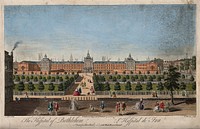 The Hospital of Bethlem [Bedlam] at Moorfields, London: seen from the north, with lunatics capering in the foreground. Coloured engraving by T. Bowles after J. Maurer.