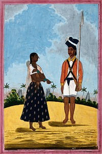 A sepoy and his wife. Gouache drawing, 18--.