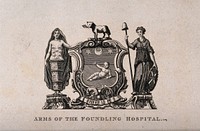 Foundling Hospital: above, the achievement of arms, below, Captain Coram and several children, carrying implements of work, a church and ships in the distance. Engraving by T. Cook, 1809, after W. Hogarth, 1739.