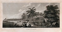 Captain Cook and his crew setting up a market on the island of Nomuka, Tonga, for trade with local people, who are seated in a circle, May 1777. Engraving by W. Byrne after J. Webber, ca. 1782.