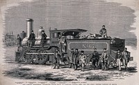 Hamilton, Ontario: the steam locomotive 'George Stephenson' with representatives of the Great Western Railway of Canada. Wood engraving, 1860.