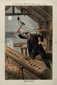 A man in a boat house (C.S. Parnell) is damaging a boat representing the Liberal Party with a hammer inscribed "Manifesto". Colour lithograph attributed to Tom Merry, 21 March 1891.