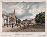 Promenade leading to Coustous's busy town square, Bagnères, France. Coloured lithograph by J. Jacottet and A. Bayot.