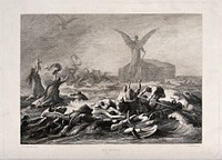 A huge angel stands atop Noah's ark, its back turned towards the entwined mass of drowning creatures; people pray and one holds her baby aloft; serpents tussle among the dying. Etching by L. Friedrich after W. Kaulbach.