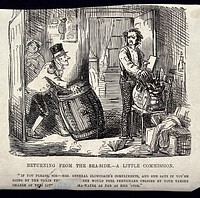 A footman at a seaside establishment asks a man who is about to leave if he will take a barrel of sea-water with him on behalf of another resident. Wood engraving by J. Leech, 1846.