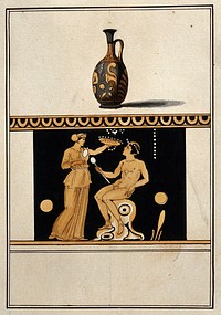 Above, red-figured Greek perfume vessel (lekythos) decorated with figures and a palm motif; below, detail of decoration showing a naked man seated and a woman holding a dish. Watercolour by A. Dahlsteen, 176- .