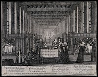 Hopîtal des Frères de la Charité, Paris: Anne of Austria visiting the charitable work of the monks. Line engraving by A. Bosse.