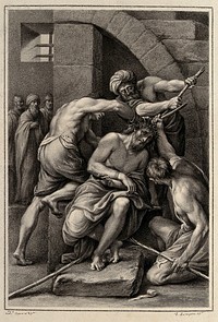The mocking and flagellation of Christ; he is crowned with thorns and beaten with sticks. Drawing by F. Rosaspina, c. 1830, after L. Carracci.