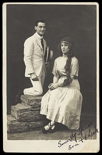 Ern and Chick, two actors, Chick in drag, pose in summer attire. Photographic postcard, ca. 1918.