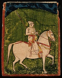 A Rajput with a lance and dagger and sword, riding a horse. Gouache painting by an Indian painter.