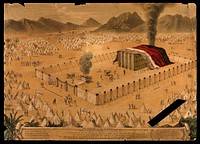 A sacrifice taking place in the tabernacle in the wilderness; the encampments of the Jewish tribes spread out to the horizon. Coloured lithograph.